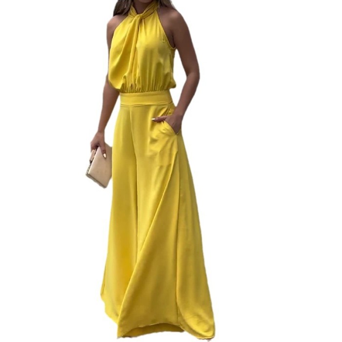 Elegant and Fashionable Round Neck Sleeveless High Waist Solid Color Wide Leg Two-piece Set