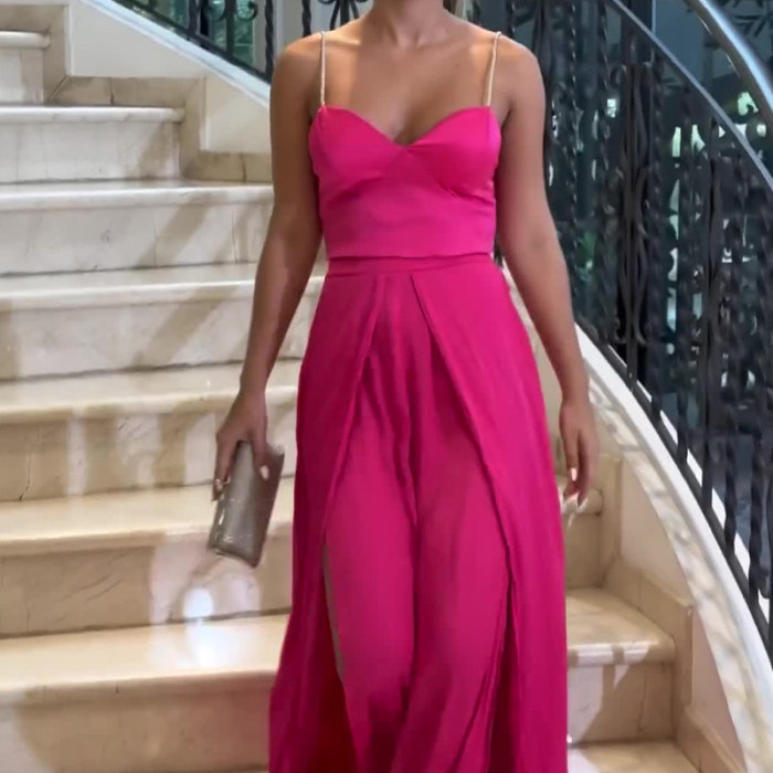 Women's Fashion Suspender Elegant Solid Color Wide Leg Jumpsuit