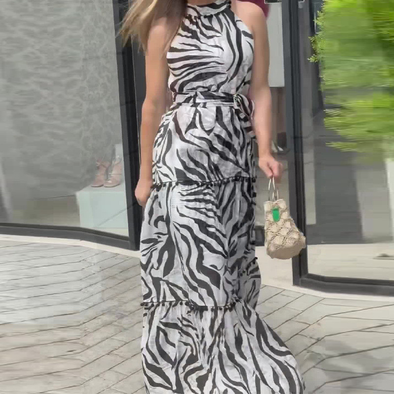 Women's Elegant Fashion Printed Halter Sleeveless High Waist Long Dress