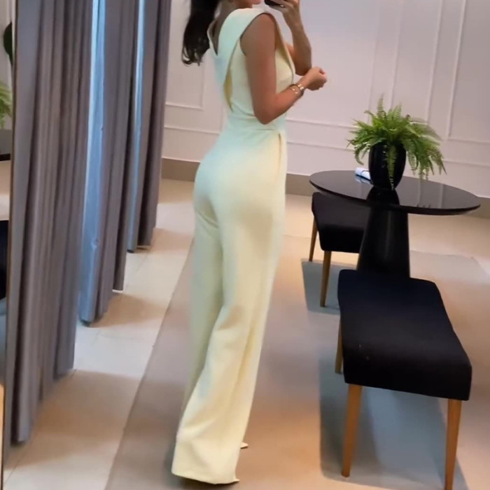 Elegant, Sexy and Fashionable V-neck High Waist Solid Color Straight Jumpsuit