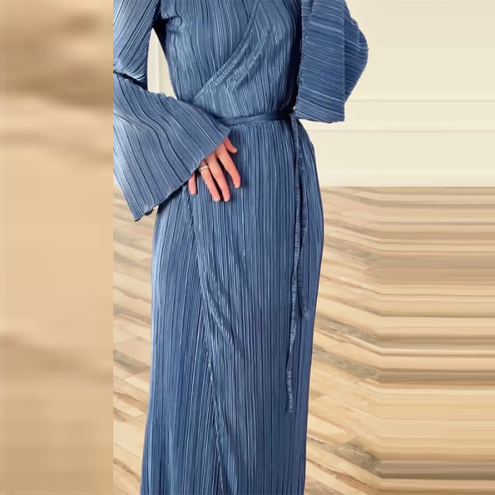 Women's Elegant Solid Color Bell Sleeve Ribbed Waist Long Sleeve Dress