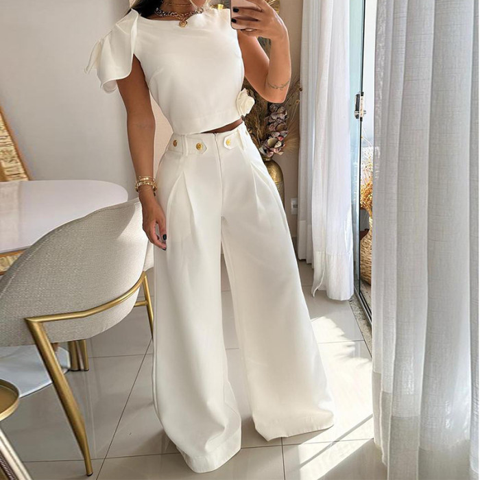 Fashionable Solid Color Elegant Petal Sleeve High Waist Tempered Pants Suit