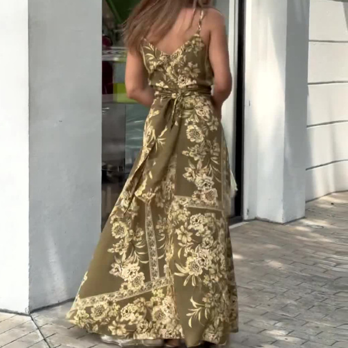 Women's Bohemian Fashion Printed Casual Vacation Suspender Long Skirt