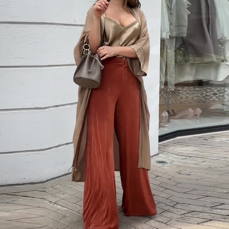 Women's Fashion Solid Color Satin High Waisted Wide Leg Pants Suit