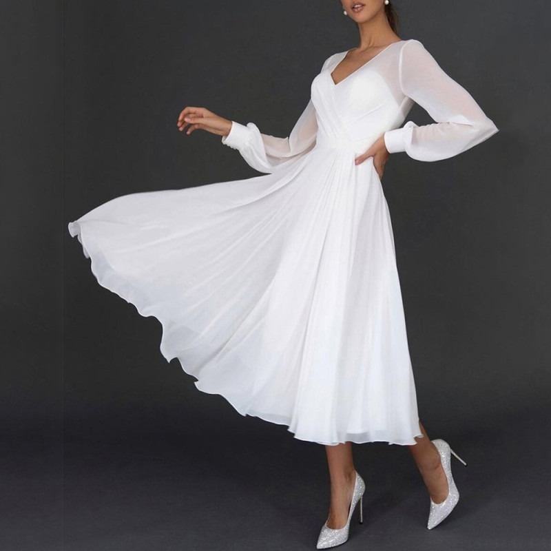 Sexy V Neck Chiffon  Elegant Evening Wedding Guest Party Long Sleeve Ball Gown Dress