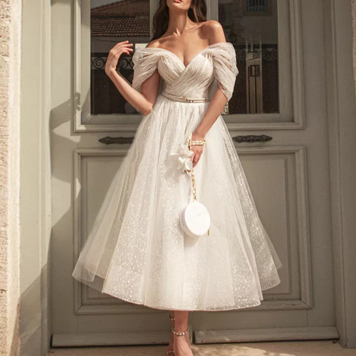 Elegant Women Midi Prom Dress Princess Off The Shoulder Tulle Wedding Party Dresses