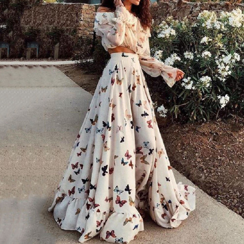 Butterfly Print Floral Shirt Suits Two Piece Sets Beach Holiday Bohemian Swing Long Skirt Outfits