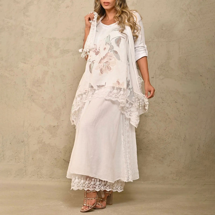 Women's Fashion Retro Elegant Lace Mosaic Printing Top Long Sleeved Skirt Two Piece Set