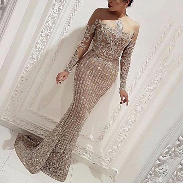 Fashion Sexy Gilded Long Sleeve Prom Party Birthday Dress