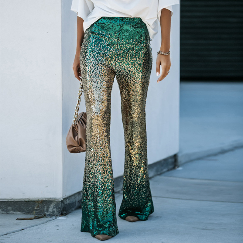 Sparkly Gradient Sequin Flare Trousers Party Clubwear High Waisted Glitter Pants For Women