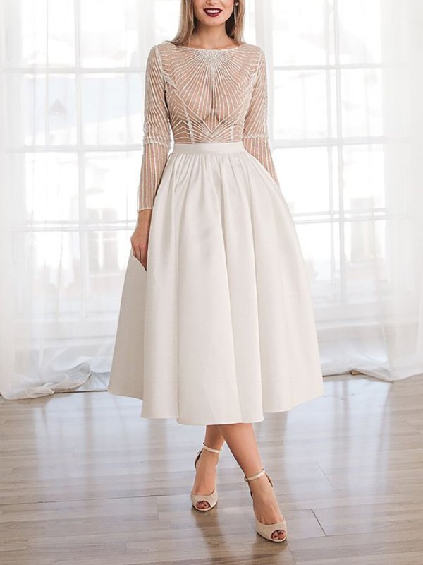 fashion sexy see-through embroidered elegant gown long sleeved ladies temperament casual evening dress