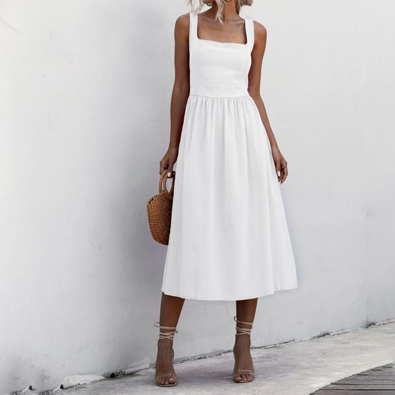 Sexy Backless Casual White Black Ruched Slip Midi Sundresses