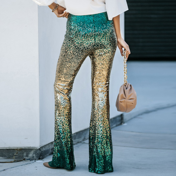 Sparkly Gradient Sequin Flare Trousers Party Clubwear High Waisted Glitter Pants For Women