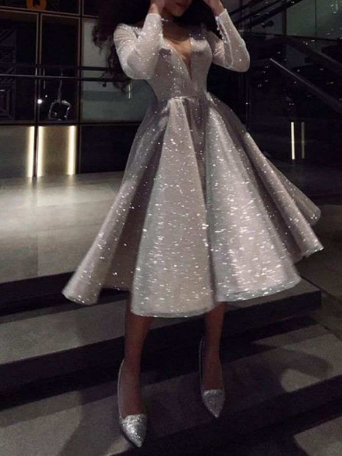 Deep V Neck Prom Dress Sparkle Party Fashion Sheer Mesh Ruffles  Midi Dresses