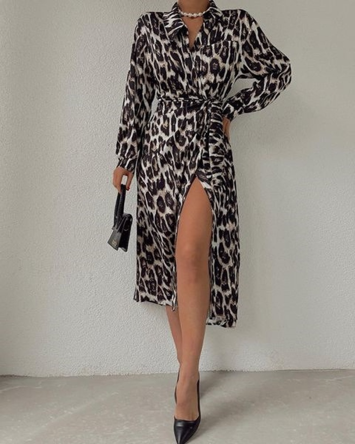 Elegant Fashion Leopard Print  Lace-up Full Sleeve Casual Slit Lace-up Midi Dress
