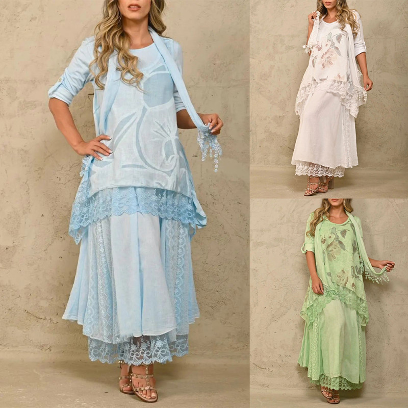 Women's Fashion Retro Elegant Lace Mosaic Printing Top Long Sleeved Skirt Two Piece Set