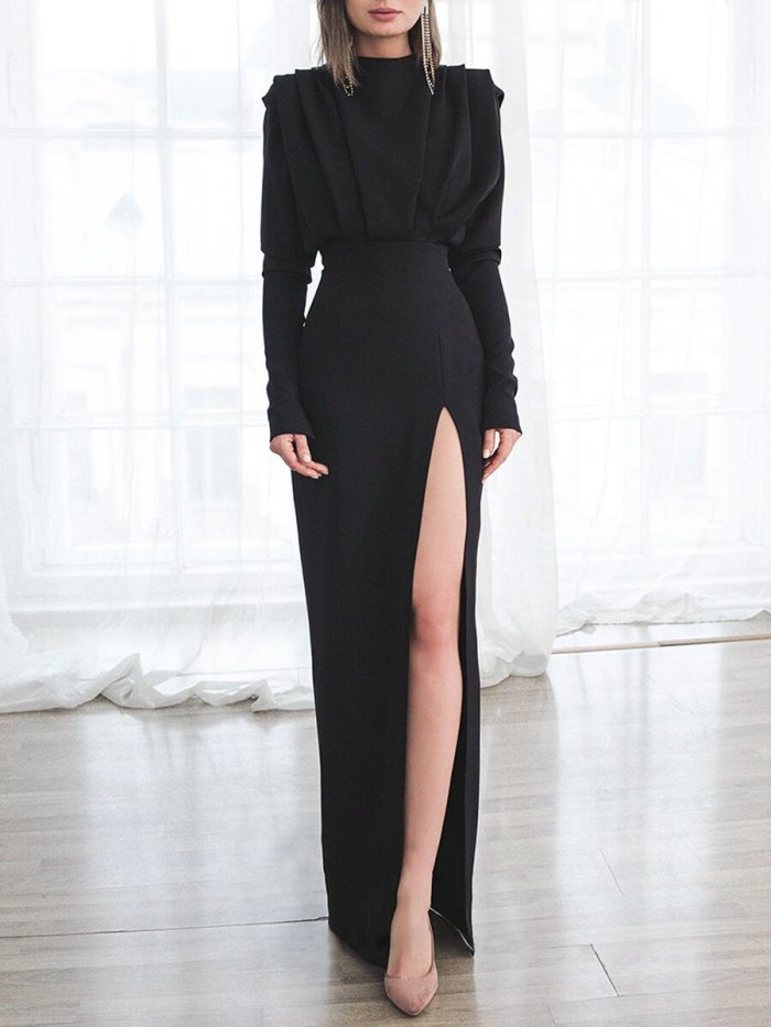 Fashion Summer Dress Style High Collar Pullover Slit Long Sleeve Outfits Birthday Dress