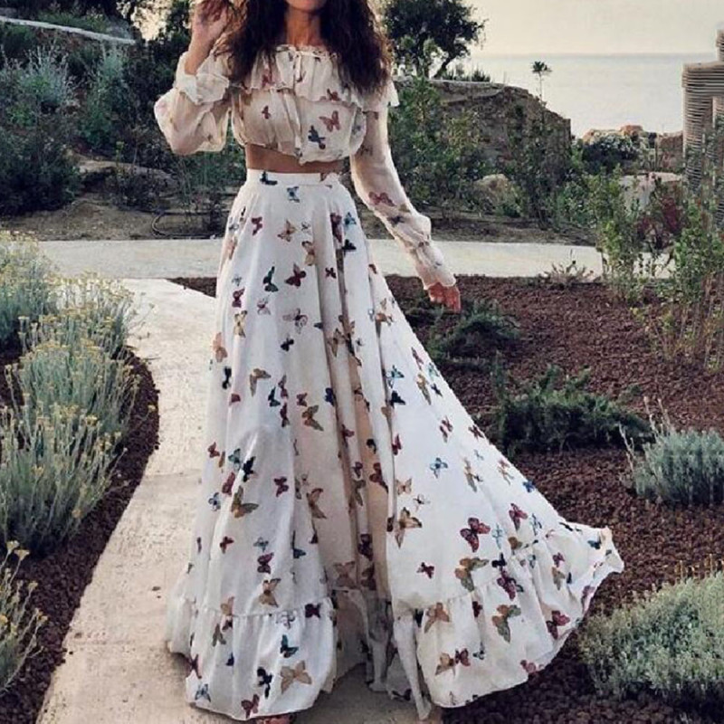 Butterfly Print Floral Shirt Suits Two Piece Sets Beach Holiday Bohemian Swing Long Skirt Outfits