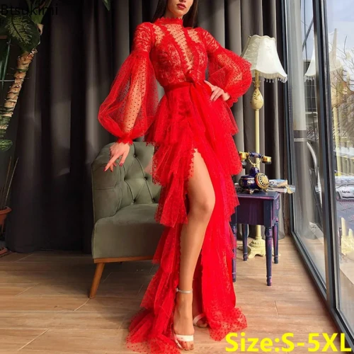 Women Evening Dress Red Lace Hollow Out A line Sexy Side Split  Maxi Dress