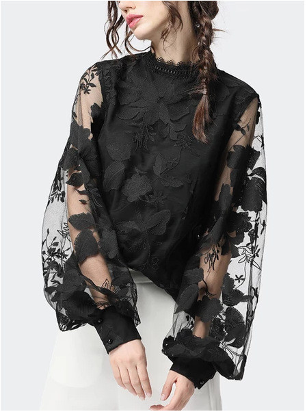 Women  V-neck Chiffon Shirt Women Lantern Sleeve T blood Flower Chiffon Shirt