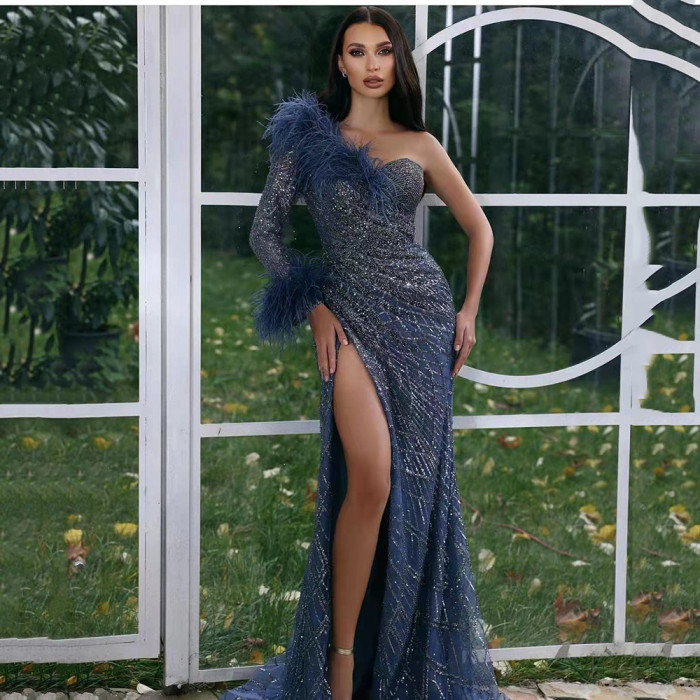 Sexy Feathers Mermaid Evening Dresses  Glitter Sequin Long Formal Party High Split Prom Gowns