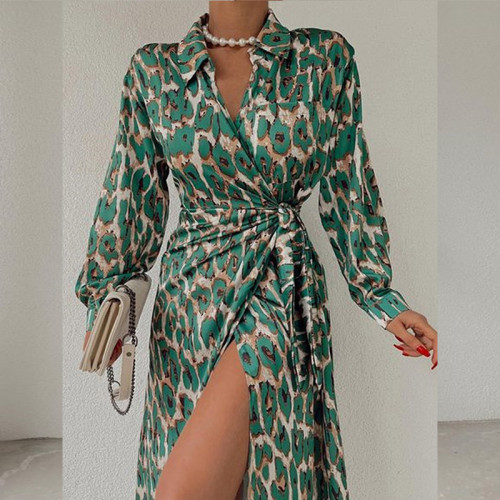 Elegant Fashion Leopard Print  Lace-up Full Sleeve Casual Slit Lace-up Midi Dress