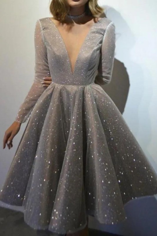 Deep V Neck Prom Dress Sparkle Party Fashion Sheer Mesh Ruffles  Midi Dresses