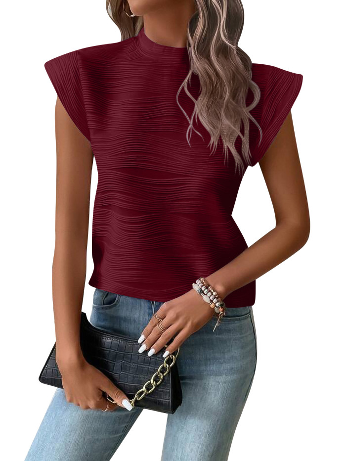 Fashion Short Sleeve Solid Mock Neck Wave Striped Casual Office Basic Tops Tees