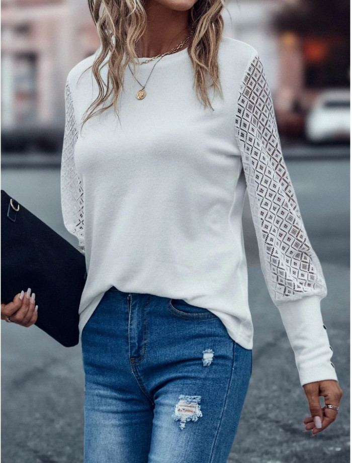 Elegant Lace Hollow Out Long Sleeve Fashion Women Pullovers Loose Casual T-Shirts Tops