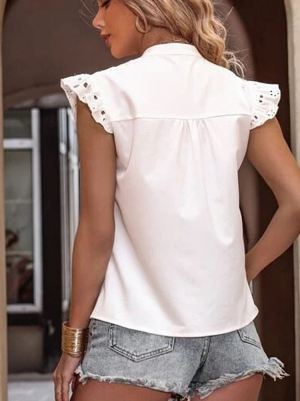 Elegant Women's Casual White Lace Shirt Blouses Ruffles Short Sleeve Shirts