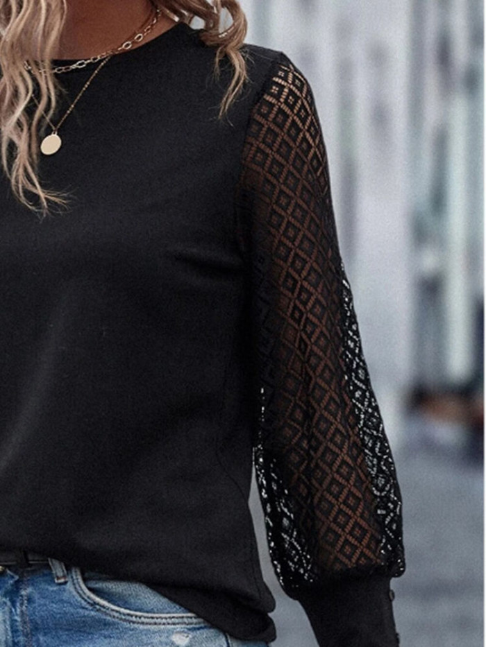 Elegant Lace Hollow Out Long Sleeve Fashion Women Pullovers Loose Casual T-Shirts Tops