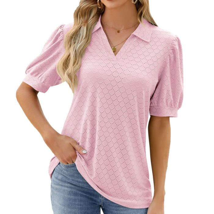 Fashion Short Sleeve Elegant Solid Turn-Down Collar Casual Office Loose Tops Tees