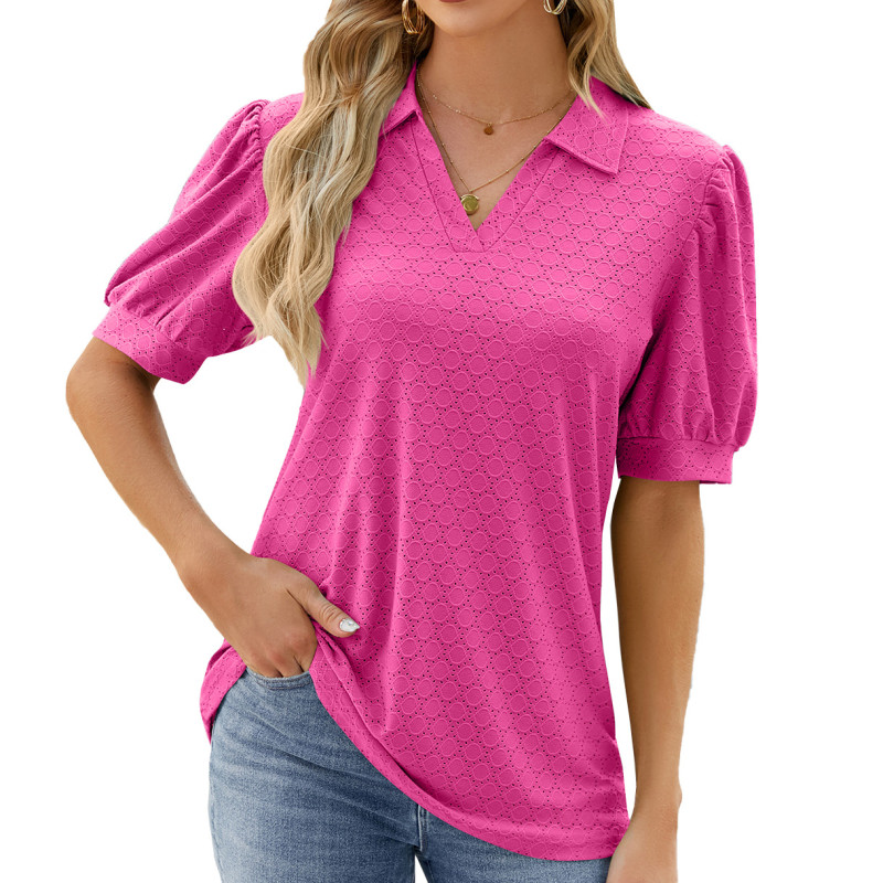 Fashion Short Sleeve Elegant Solid Turn-Down Collar Casual Office Loose Tops Tees