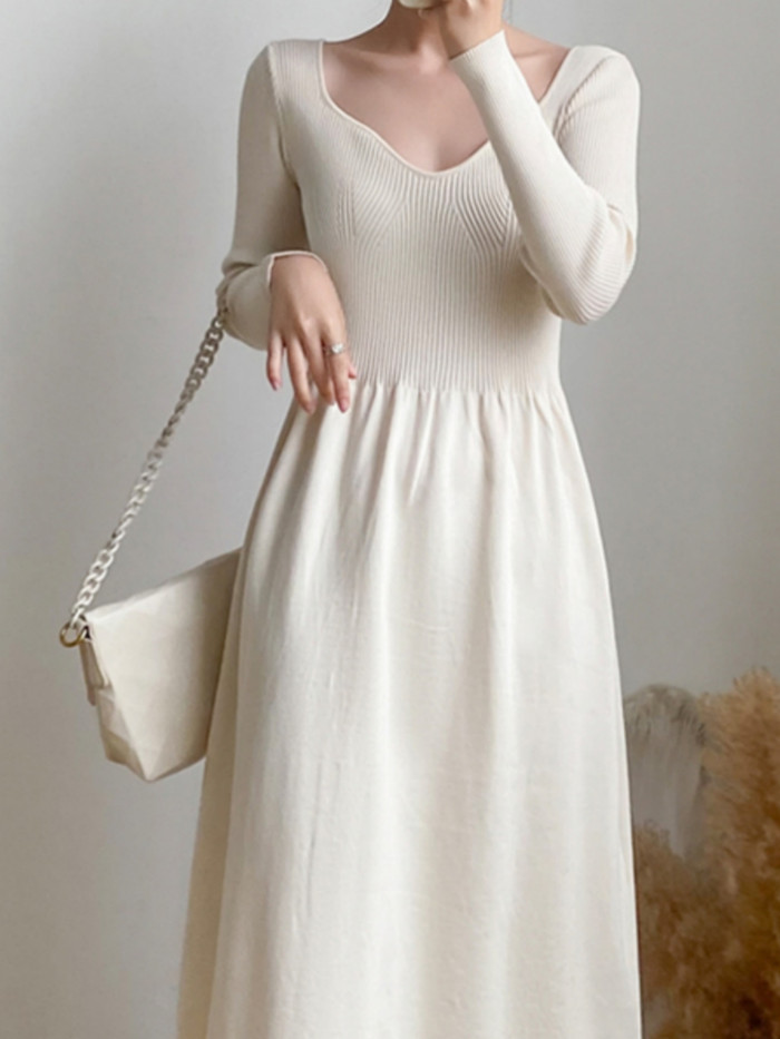Solid V-neck Slim Knitted Dress, Elegant Long Sleeve Dress For Spring & Fall, Women's Clothing