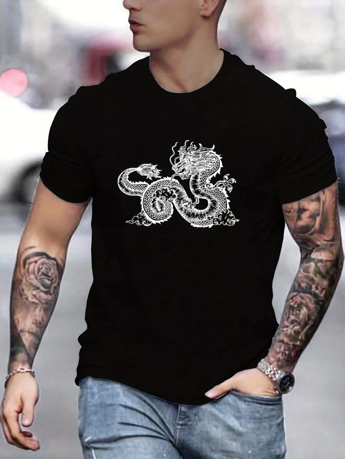 Cool Chinese Dragon Pattern Print Casual Crew Neck Short Sleeve T-shirt For Men, Quick-drying Comfy Casual Summer Tops For Daily Wear Work Out And Vacation Resorts