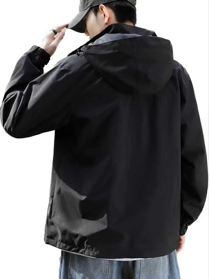 Men's Color Block Hoodie Casual Lightweight Waterproof Windbreaker Jacket Coat Regular Fit Coat For Spring Autumn Outdoors Hiking