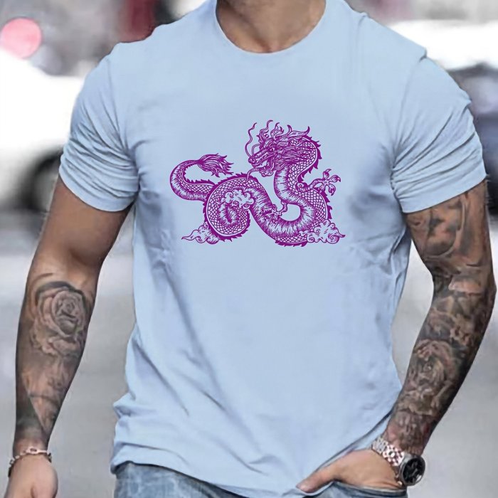 Cool Chinese Dragon Pattern Print Casual Crew Neck Short Sleeve T-shirt For Men, Quick-drying Comfy Casual Summer Tops For Daily Wear Work Out And Vacation Resorts
