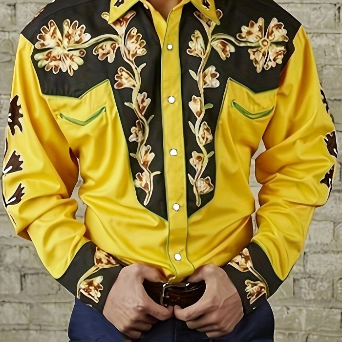 Vintage Floral Print Men's Color Block Long Sleeve Button Up Shirt For Spring Fall, Men's Banquet Dress