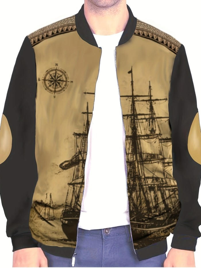 Men's Casual Sailboat Print Zip Up Jacket, Chic Stand Collar Jacket For Spring Fall