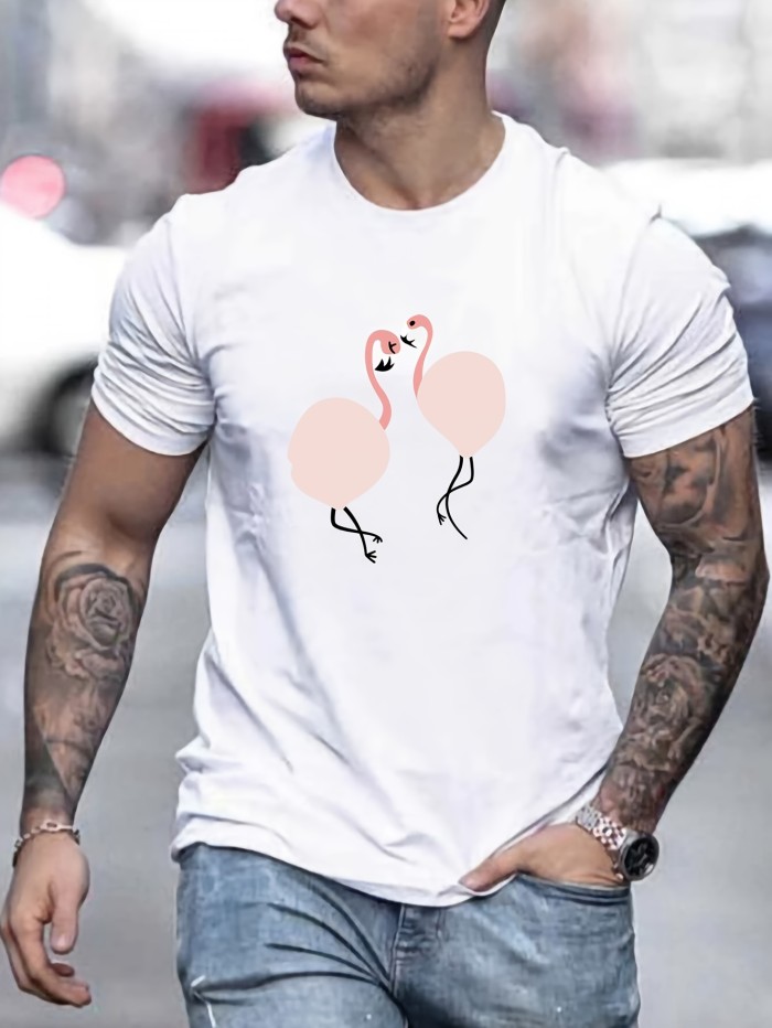 Flamingo Pattern Print Casual Crew Neck Short Sleeve T-shirt For Men, Quick-drying Comfy Casual Summer Tops For Daily Wear Work Out And Vacation Resorts