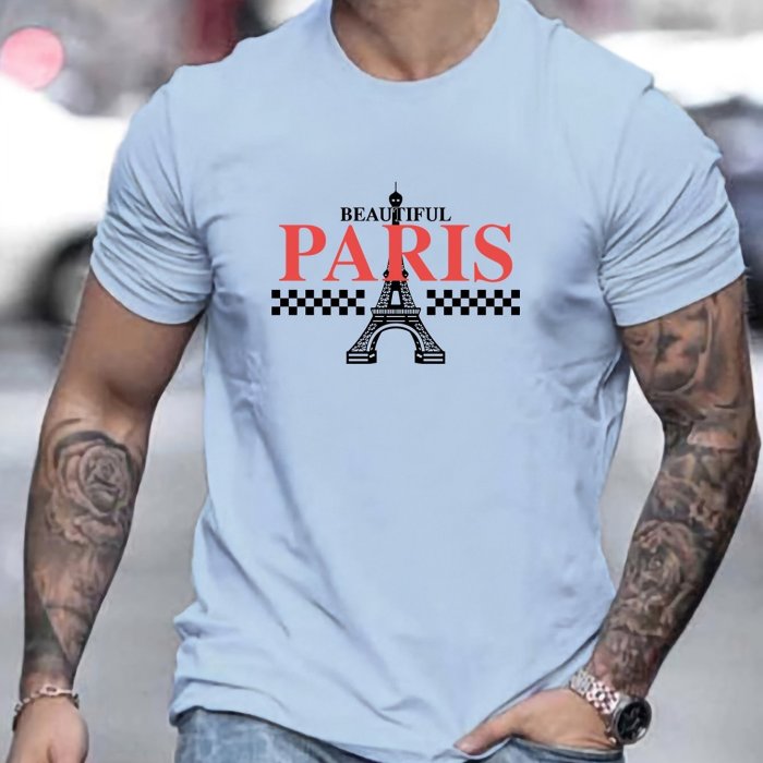 PARIS Eiffel Tower Pattern Print Casual Crew Neck Short Sleeve T-shirt For Men, Quick-drying Comfy Casual Summer Tops For Daily Wear Work Out And Vacation Resorts