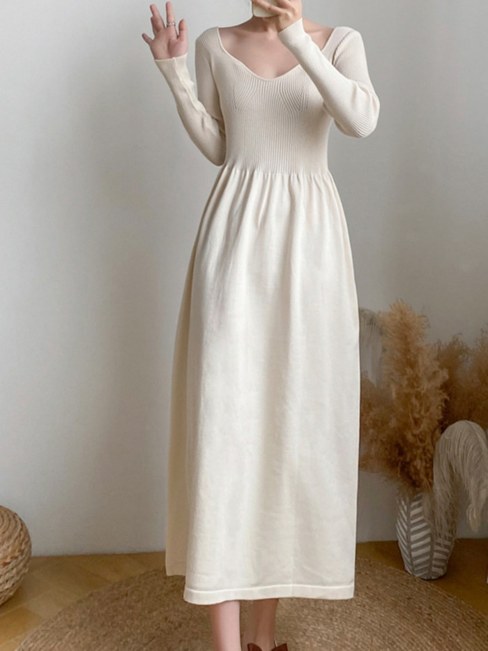 Solid V-neck Slim Knitted Dress, Elegant Long Sleeve Dress For Spring & Fall, Women's Clothing