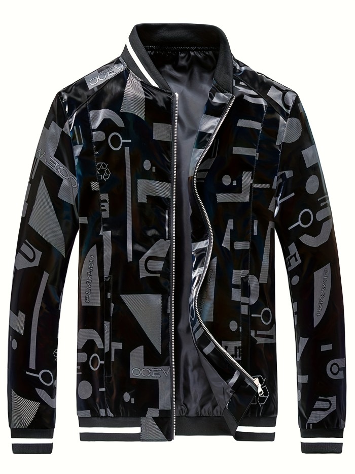 Men's Casual Printed Zip Up Bomber Jacket, Chic Street Style Baseball Collar Windbreaker Jacket