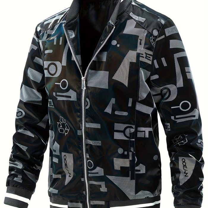 Men's Casual Printed Zip Up Bomber Jacket, Chic Street Style Baseball Collar Windbreaker Jacket