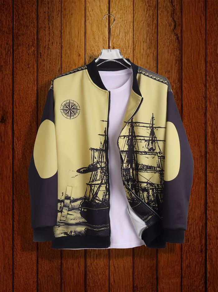 Men's Casual Sailboat Print Zip Up Jacket, Chic Stand Collar Jacket For Spring Fall
