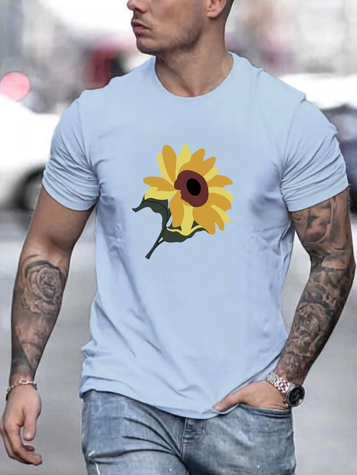 Sunflower Pattern Print Casual Crew Neck Short Sleeve T-shirt For Men, Quick-drying Comfy Casual Summer Tops For Daily Wear Work Out And Vacation Resorts