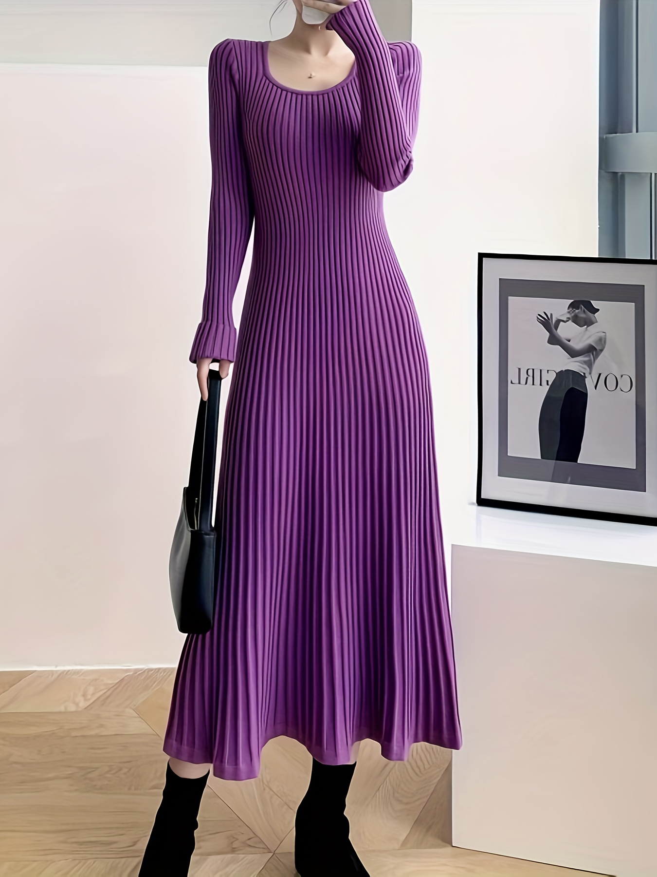 Solid Color Slim Knitting Long Dress, Elegant Bag Hip Long Sleeve A ...
