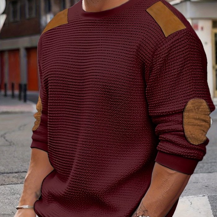 Casual Color Block Men's Long Sleeve Knitted Round Neck T-shirt With Elbow Design, Spring Fall Outdoor