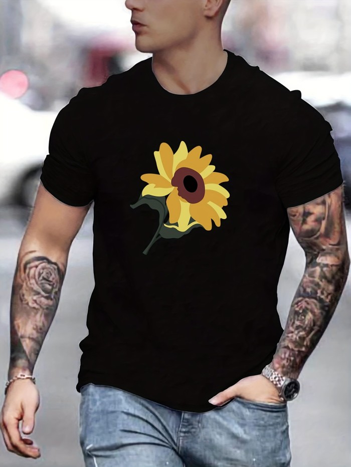 Sunflower Pattern Print Casual Crew Neck Short Sleeve T-shirt For Men, Quick-drying Comfy Casual Summer Tops For Daily Wear Work Out And Vacation Resorts