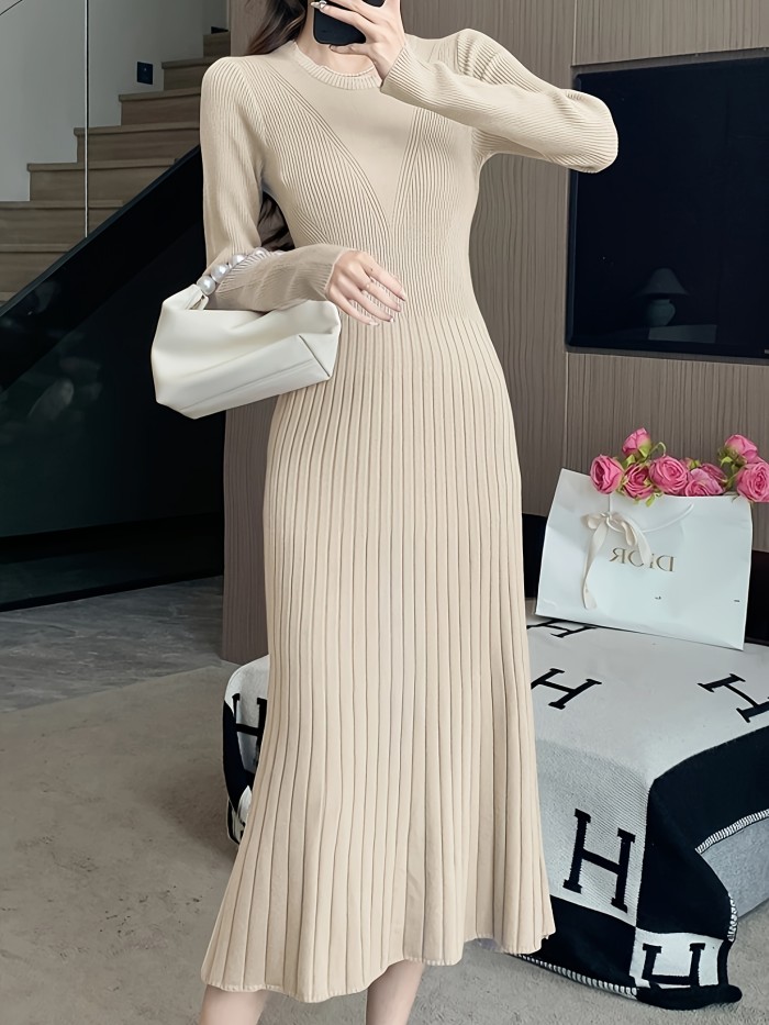Solid Knitted Pleated Hem Dress, Elegant Long Sleeve Crew Neck Dress, Women's Clothing